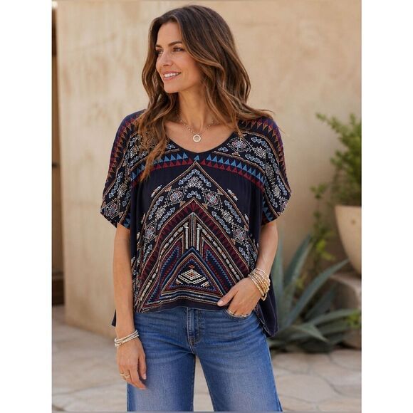 Johnny Was Tops - Johnny Was Geometric Patterned Embroidered Oversized Top